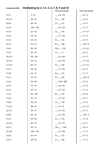 Times Table Worksheets - Multiplication and Division