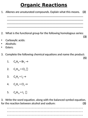 NEW AQA GCSE (2016) Chemistry  - Organic Reactions Homework