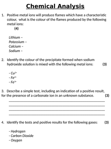 NEW AQA GCSE (2016) Chemistry  - Chemical Analysis Homework