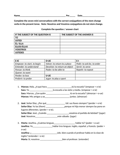 Stem change verbs conversation worksheet