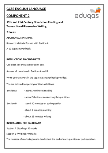 NEW EDUQAS GCSE ENGLISH LANGUAGE COMPONENT 2 PRACTICE EXAMINATION PAPER (NON-FICTION and TRANSACTION