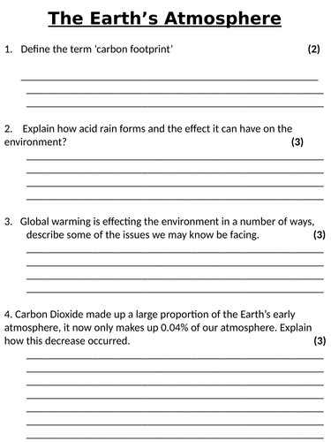 NEW AQA GCSE (2016) Chemistry  - The Earth's Atmosphere Homework