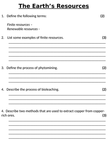 NEW AQA GCSE (2016) Chemistry  - The Earth's Resources Homework