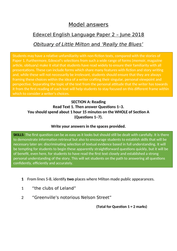 Edexcel GCSE English Language Paper 2 model (June 2018)