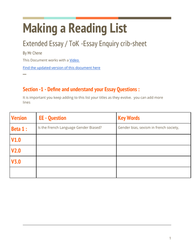 Reading List - Extended Essay / ToK - Essay Enquiry crib sheet