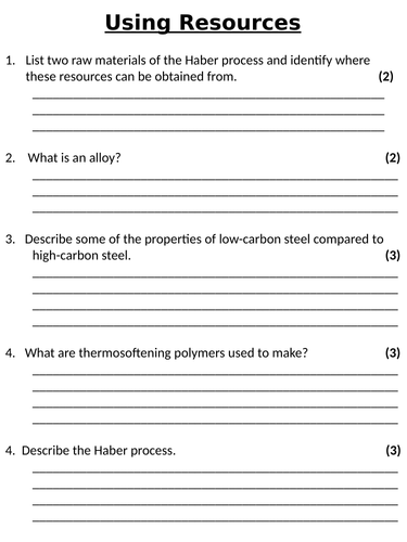NEW AQA GCSE (2016) Chemistry - Using Our Resources Homework