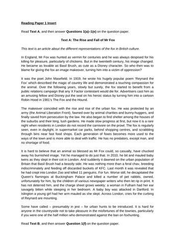 Mocked-up Foxes Reading Paper 1 for 2020 CIE First Lang English