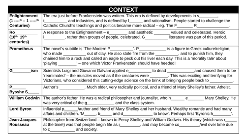 Frankenstein Knowledge Organiser and related starter activities (GCSE English Literature)