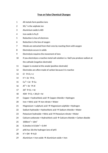AQA Chemical Changes True/False