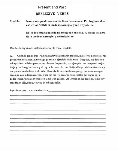 Spanish 3- Past and Present Reflexive Verbs- Worksheet