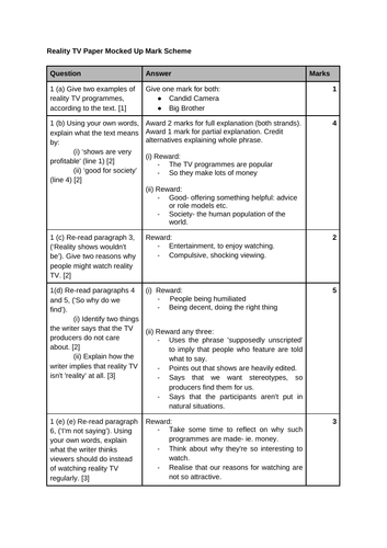 Mocked-up Paper 1 on Reality TV for 2020 CIE First Lang English
