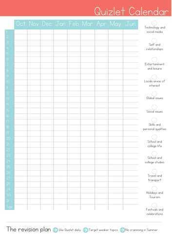 Quizlet revision calendar