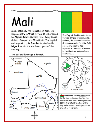 MALI - Printable handout with map and flag | Teaching Resources