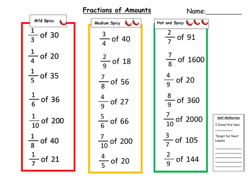 Fractions of Amounts Differentiated Worksheet with Answers