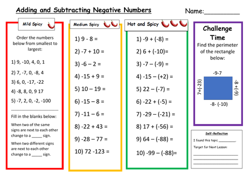 Adding and Subtracting Negative Numbers Differentiated Worksheet with Answers