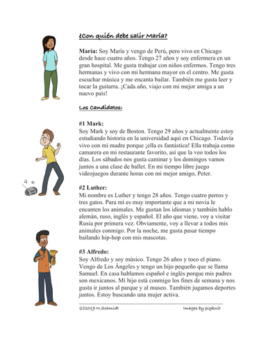 Fun Spanish Reading: Who should Maria Date? (Hobbies, Languages, Family) Lectura