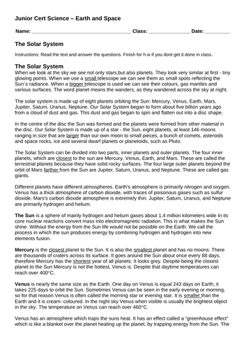 Junior Certificate Science Solar System