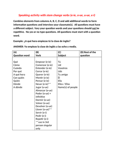Speaking Activity With Stem Change Verbs Present Tense Teaching Resources