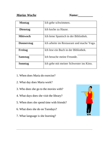 German Hobbies and Days of the Week Worksheets: Die Wochentage und Hobbys