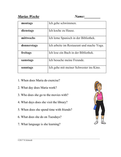 German Hobbies and Days of the Week Worksheets: Die Wochentage und Hobbys