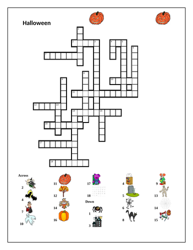 Halloween in English Crossword and Wordsearch