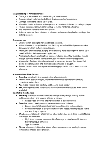 Edexcel AS Level Biology Atherosclerosis Information Sheet