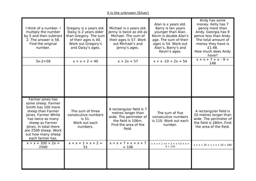 Forming and Solving Equations (Using X as the unknown)