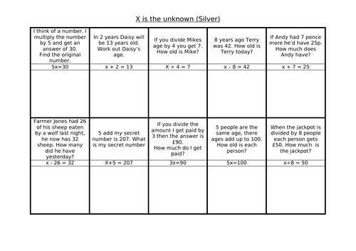 Forming and Solving Equations(X is the unknown) (One Step Equations)