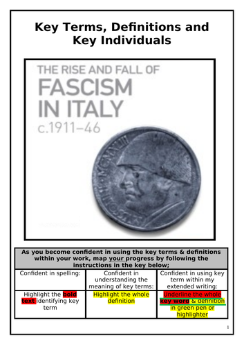 A Level The Rise & Fall of Fascist Italy c.1911-46 Key words definitions & Key Individuals Booklet