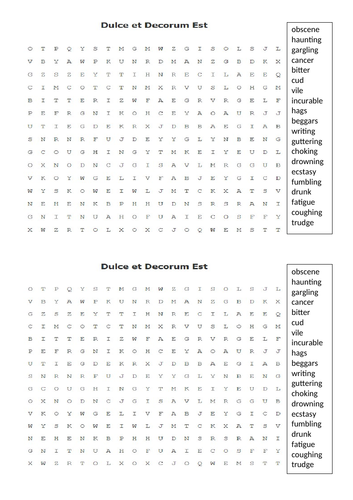 Dulce et Decorum Est Wordsearch of key vocabulary