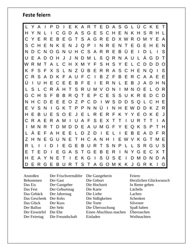 Feste Feiern (Celebrations in German) Wordsearch