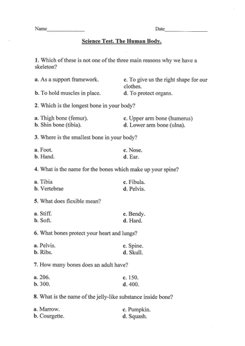 Science Test. The Human Body