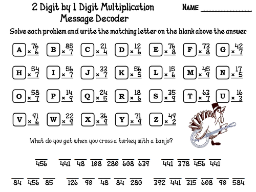 2 Digit by 1 Digit Multiplication Game: Thanksgiving Math Message Decoder