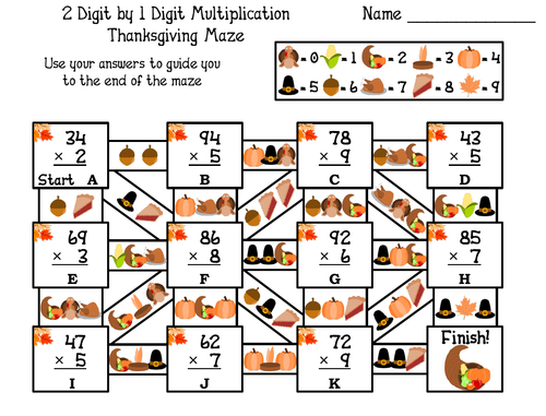 2 Digit by 1 Digit Multiplication Game: Thanksgiving Math Maze