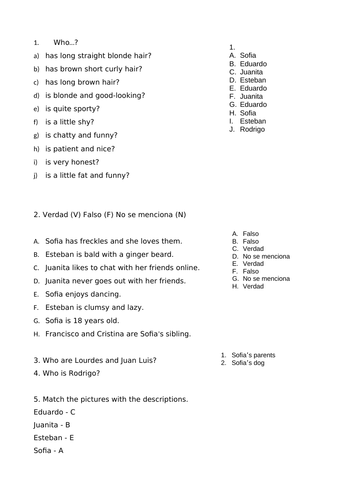 GCSE AQA Personal descriptions worksheet + answers