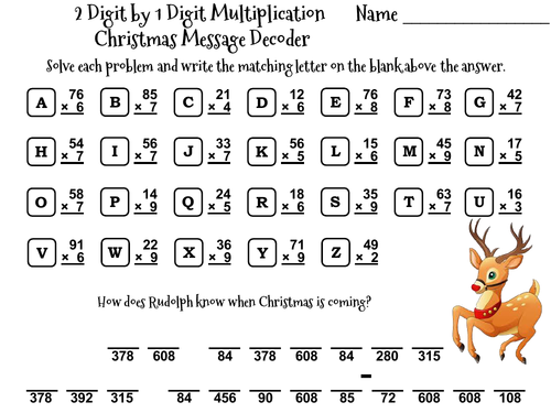 2 Digit by 1 Digit Multiplication Game: Christmas Math Message Decoder