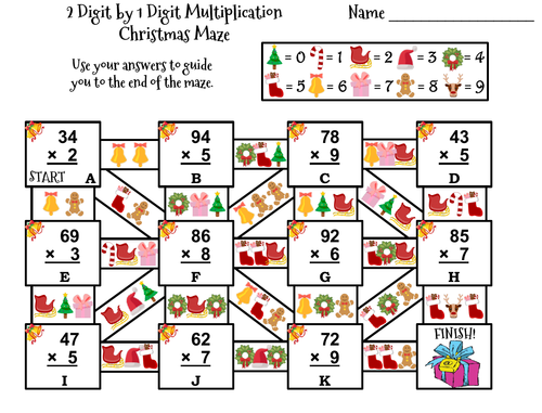 2 Digit by 1 Digit Multiplication Game: Christmas Math Maze