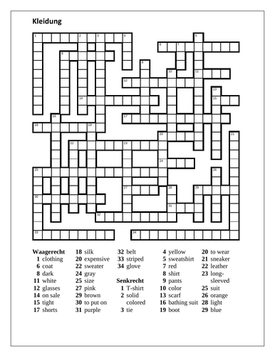 Kleidung (Clothing in German) Crossword 2
