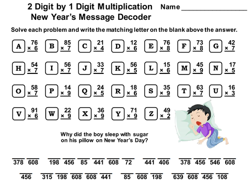 2 Digit by 1 Digit Multiplication Game: New Year's Math Message Decoder
