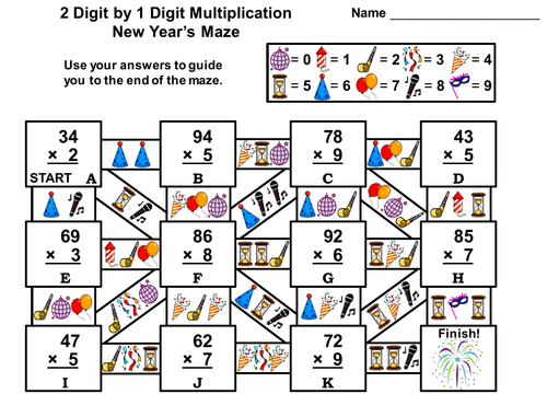 2 Digit by 1 Digit Multiplication Game: New Year's Math Maze