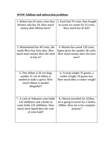 Midsummer Night's Dream Addition and subtraction word problems KS2