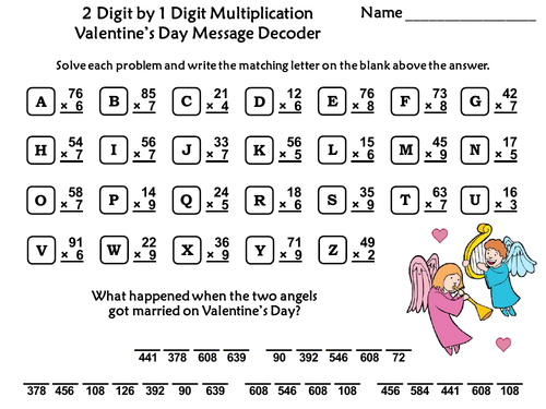 2 Digit by 1 Digit Multiplication Game: Valentine's Day Math Message Decoder