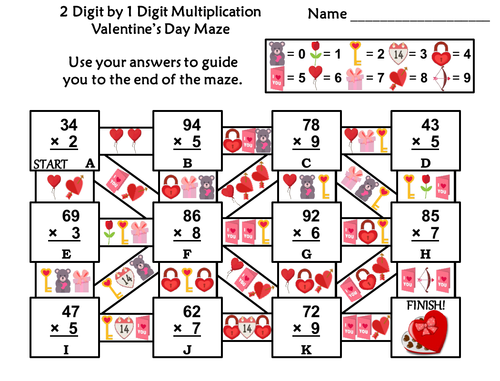 2 Digit by 1 Digit Multiplication Game: Valentine's Day Math Maze