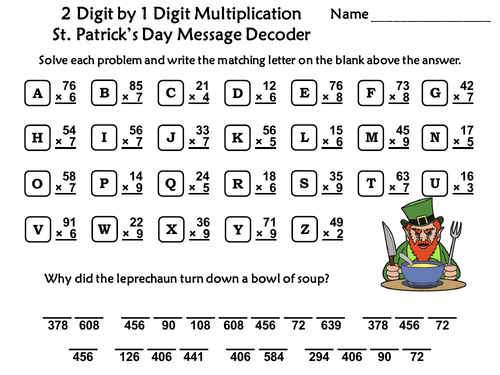 2 Digit by 1 Digit Multiplication Game: St. Patrick's Day Math Message Decoder
