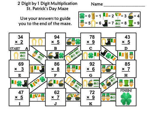 2 Digit by 1 Digit Multiplication Game: St. Patrick's Day Math Maze