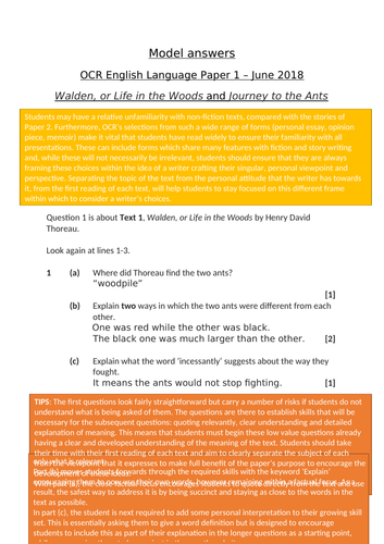 OCR GCSE English Language Paper 1 Model Answers June 2018 Teaching 