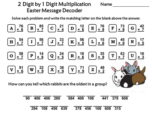 2 Digit by 1 Digit Multiplication Game: Easter Math Message Decoder