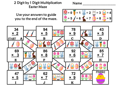 2 Digit by 1 Digit Multiplication Game: Easter Math Maze