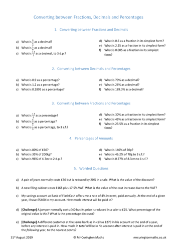 Fractions, Decimals and Percentages Worksheet