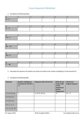 Linear Sequences Worksheet